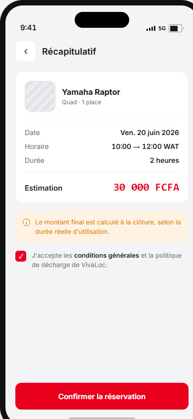 Récapitulatif de réservation avant confirmation