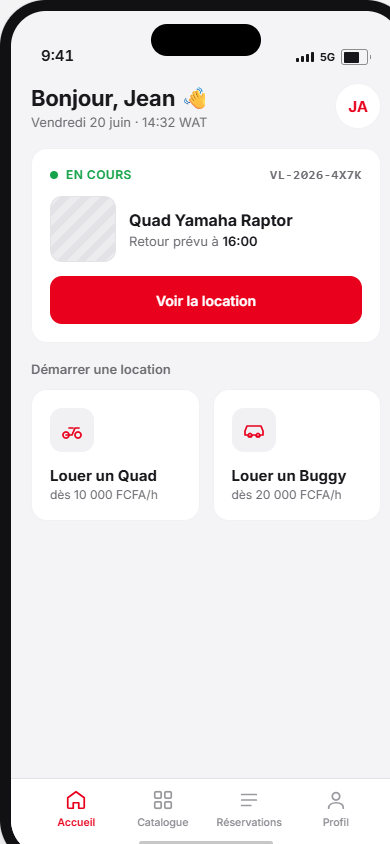 Écran d'accueil de l'application VivaLoc, avec la location en cours et le choix entre quad et buggy
